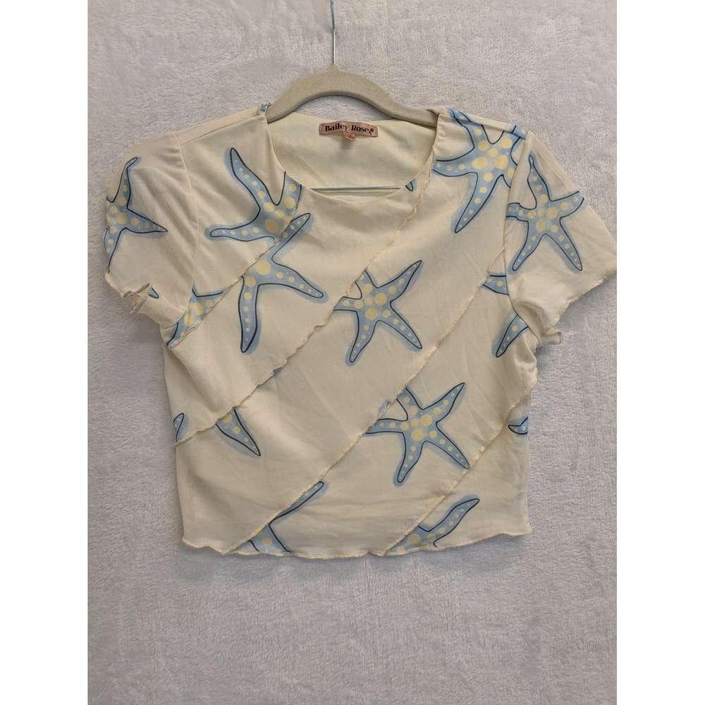 Bailey Rose Crop Top Womens Small Starfish Print Short Sleeve Beige